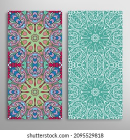 Vertical seamless patterns set, floral geometric lace texture for Wedding, Valentine's day, greeting card or Birthday Invitation. Decorative seamless doodle backgrounds. Ethnic ornament border pattern