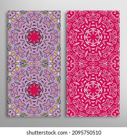 Vertical seamless patterns set, floral geometric lace texture for Wedding, Valentine's day, greeting card or Birthday Invitation. Decorative seamless doodle backgrounds. Ethnic ornament border pattern