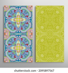 Vertical seamless patterns set, floral geometric lace texture for Wedding, Valentine's day, greeting card or Birthday Invitation. Decorative seamless doodle backgrounds. Ethnic ornament border pattern