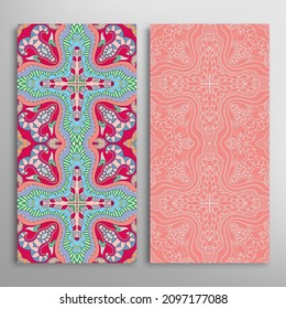 Vertical seamless patterns set, floral geometric lace texture for Wedding, Valentine's day, greeting card or Birthday Invitation. Decorative seamless doodle backgrounds. Ethnic ornament border pattern