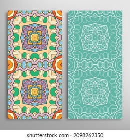 Vertical seamless patterns set, floral geometric lace texture for Wedding, Valentine's day, greeting card or Birthday Invitation. Decorative seamless doodle backgrounds. Ethnic ornament border pattern