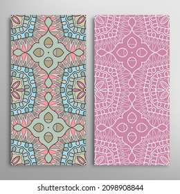 Vertical seamless patterns set, floral geometric lace texture for Wedding, Valentine's day, greeting card or Birthday Invitation. Decorative seamless doodle backgrounds. Ethnic ornament border pattern