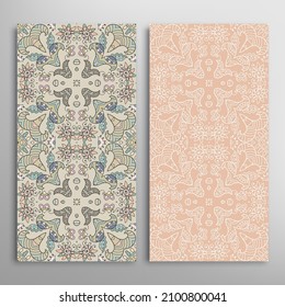 Vertical seamless patterns set, floral geometric lace texture for Wedding, Valentine's day, greeting card or Birthday Invitation. Decorative seamless doodle backgrounds. Ethnic ornament border pattern