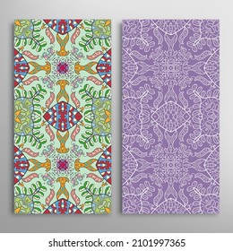 Vertical seamless patterns set, floral geometric lace texture for Wedding, Valentine's day, greeting card or Birthday Invitation. Decorative seamless doodle backgrounds. Ethnic ornament border pattern
