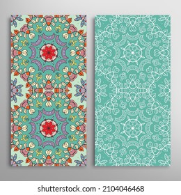 Vertical seamless patterns set, floral geometric lace texture for Wedding, Valentine's day, greeting card or Birthday Invitation. Decorative seamless doodle backgrounds. Ethnic ornament border pattern