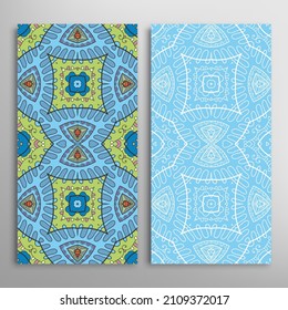 Vertical seamless patterns set, floral geometric lace texture for Wedding, Valentine's day, greeting card or Birthday Invitation. Decorative seamless doodle backgrounds. Ethnic ornament border pattern