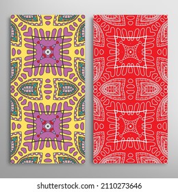 Vertical seamless patterns set, floral geometric lace texture for Wedding, Valentine's day, greeting card or Birthday Invitation. Decorative seamless doodle backgrounds. Ethnic ornament border pattern