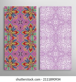 Vertical seamless patterns set, floral geometric lace texture for Wedding, Valentine's day, greeting card or Birthday Invitation. Decorative seamless doodle backgrounds. Ethnic ornament border pattern
