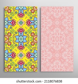Vertical seamless patterns set, floral geometric lace texture for Wedding, Valentine's day, greeting card or Birthday Invitation. Decorative seamless doodle backgrounds. Ethnic ornament border pattern