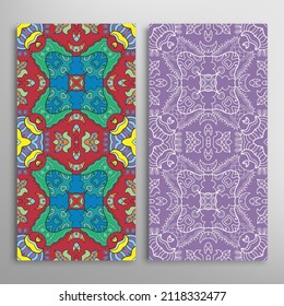 Vertical seamless patterns set, floral geometric lace texture for Wedding, Valentine's day, greeting card or Birthday Invitation. Decorative seamless doodle backgrounds. Ethnic ornament border pattern