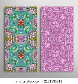Vertical seamless patterns set, floral geometric lace texture for Wedding, Valentine's day, greeting card or Birthday Invitation. Decorative seamless doodle backgrounds. Ethnic ornament border pattern
