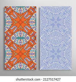 Vertical seamless patterns set, floral geometric lace texture for Wedding, Valentine's day, greeting card or Birthday Invitation. Decorative seamless doodle backgrounds. Ethnic ornament border pattern