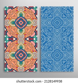 Vertical seamless patterns set, floral geometric lace texture for Wedding, Valentine's day, greeting card or Birthday Invitation. Decorative seamless doodle backgrounds. Ethnic ornament border pattern
