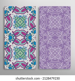 Vertical seamless patterns set, floral geometric lace texture for Wedding, Valentine's day, greeting card or Birthday Invitation. Decorative seamless doodle backgrounds. Ethnic ornament border pattern