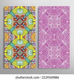 Vertical seamless patterns set, floral geometric lace texture for Wedding, Valentine's day, greeting card or Birthday Invitation. Decorative seamless doodle backgrounds. Ethnic ornament border pattern