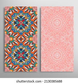 Vertical seamless patterns set, floral geometric lace texture for Wedding, Valentine's day, greeting card or Birthday Invitation. Decorative seamless doodle backgrounds. Ethnic ornament border pattern