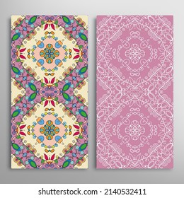 Vertical seamless patterns set, floral geometric lace texture for Wedding, Valentine's day, greeting card or Birthday Invitation. Decorative seamless doodle backgrounds. Ethnic ornament border pattern