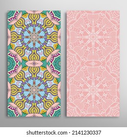 Vertical seamless patterns set, floral geometric lace texture for Wedding, Valentine's day, greeting card or Birthday Invitation. Decorative seamless doodle backgrounds. Ethnic ornament border pattern