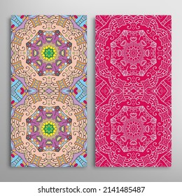 Vertical seamless patterns set, floral geometric lace texture for Wedding, Valentine's day, greeting card or Birthday Invitation. Decorative seamless doodle backgrounds. Ethnic ornament border pattern