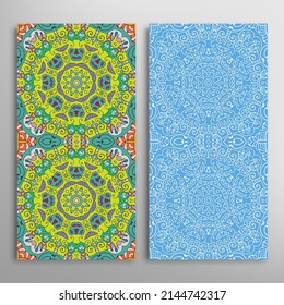 Vertical seamless patterns set, floral geometric lace texture for Wedding, Valentine's day, greeting card or Birthday Invitation. Decorative seamless doodle backgrounds. Ethnic ornament border pattern