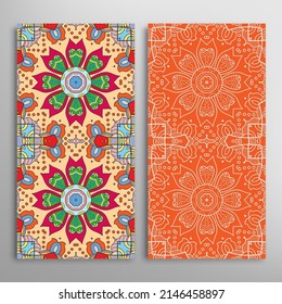 Vertical seamless patterns set, floral geometric lace texture for Wedding, Valentine's day, greeting card or Birthday Invitation. Decorative seamless doodle backgrounds. Ethnic ornament border pattern