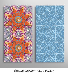 Vertical seamless patterns set, floral geometric lace texture for Wedding, Valentine's day, greeting card or Birthday Invitation. Decorative seamless doodle backgrounds. Ethnic ornament border pattern
