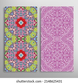 Vertical seamless patterns set, floral geometric lace texture for Wedding, Valentine's day, greeting card or Birthday Invitation. Decorative seamless doodle backgrounds. Ethnic ornament border pattern