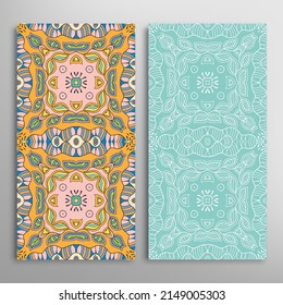 Vertical seamless patterns set, floral geometric lace texture for Wedding, Valentine's day, greeting card or Birthday Invitation. Decorative seamless doodle backgrounds. Ethnic ornament border pattern