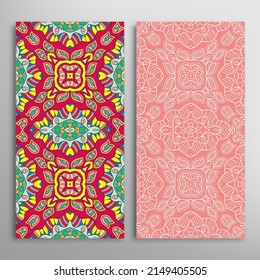 Vertical seamless patterns set, floral geometric lace texture for Wedding, Valentine's day, greeting card or Birthday Invitation. Decorative seamless doodle backgrounds. Ethnic ornament border pattern