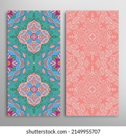 Vertical seamless patterns set, floral geometric lace texture for Wedding, Valentine's day, greeting card or Birthday Invitation. Decorative seamless doodle backgrounds. Ethnic ornament border pattern