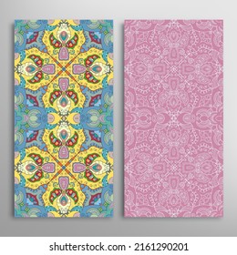 Vertical seamless patterns set, floral geometric lace texture for Wedding, Valentine's day, greeting card or Birthday Invitation. Decorative seamless doodle backgrounds. Ethnic ornament border pattern