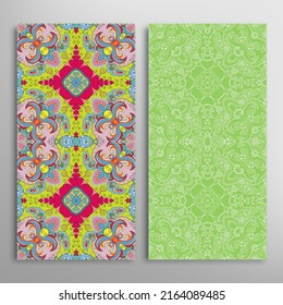 Vertical seamless patterns set, floral geometric lace texture for Wedding, Valentine's day, greeting card or Birthday Invitation. Decorative seamless doodle backgrounds. Ethnic ornament border pattern