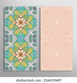 Vertical seamless patterns set, floral geometric lace texture for Wedding, Valentine's day, greeting card or Birthday Invitation. Decorative seamless doodle backgrounds. Ethnic ornament border pattern