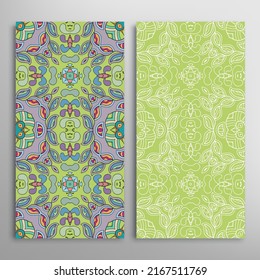 Vertical seamless patterns set, floral geometric lace texture for Wedding, Valentine's day, greeting card or Birthday Invitation. Decorative seamless doodle backgrounds. Ethnic ornament border pattern