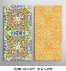 Vertical seamless patterns set, floral geometric lace texture for Wedding, Valentine's day, greeting card or Birthday Invitation. Decorative seamless doodle backgrounds. Ethnic ornament border pattern
