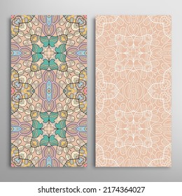 Vertical seamless patterns set, floral geometric lace texture for Wedding, Valentine's day, greeting card or Birthday Invitation. Decorative seamless doodle backgrounds. Ethnic ornament border pattern