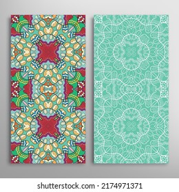 Vertical seamless patterns set, floral geometric lace texture for Wedding, Valentine's day, greeting card or Birthday Invitation. Decorative seamless doodle backgrounds. Ethnic ornament border pattern