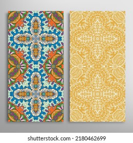 Vertical seamless patterns set, floral geometric lace texture for Wedding, Valentine's day, greeting card or Birthday Invitation. Decorative seamless doodle backgrounds. Ethnic ornament border pattern