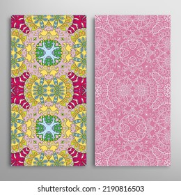 Vertical seamless patterns set, floral geometric lace texture for Wedding, Valentine's day, greeting card or Birthday Invitation. Decorative seamless doodle backgrounds. Ethnic ornament border pattern