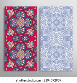 Vertical seamless patterns set, floral geometric lace texture for Wedding, Valentine's day, greeting card or Birthday Invitation. Decorative seamless doodle backgrounds. Ethnic ornament border pattern