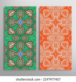 Vertical seamless patterns set, floral geometric lace texture for Wedding, Valentine's day, greeting card or Birthday Invitation. Decorative seamless doodle backgrounds. Ethnic ornament border pattern