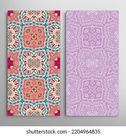 Vertical seamless patterns set, floral geometric lace texture for Wedding, Valentine's day, greeting card or Birthday Invitation. Decorative seamless doodle backgrounds. Ethnic ornament border pattern