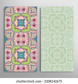 Vertical seamless patterns set, floral geometric lace texture for Wedding, Valentine's day, greeting card or Birthday Invitation. Decorative seamless doodle backgrounds. Ethnic ornament border pattern