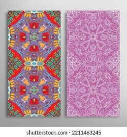 Vertical seamless patterns set, floral geometric lace texture for Wedding, Valentine's day, greeting card or Birthday Invitation. Decorative seamless doodle backgrounds. Ethnic ornament border pattern