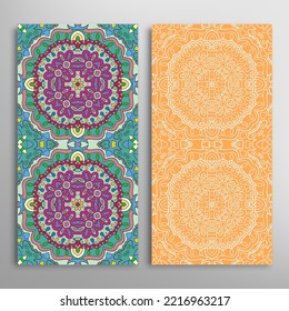 Vertical seamless patterns set, floral geometric lace texture for Wedding, Valentine's day, greeting card or Birthday Invitation. Decorative seamless doodle backgrounds. Ethnic ornament border pattern