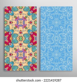 Vertical seamless patterns set, floral geometric lace texture for Wedding, Valentine's day, greeting card or Birthday Invitation. Decorative seamless doodle backgrounds. Ethnic ornament border pattern