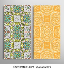Vertical seamless patterns set, floral geometric lace texture for Wedding, Valentine's day, greeting card or Birthday Invitation. Decorative seamless doodle backgrounds. Ethnic ornament border pattern