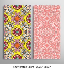 Vertical seamless patterns set, floral geometric lace texture for Wedding, Valentine's day, greeting card or Birthday Invitation. Decorative seamless doodle backgrounds. Ethnic ornament border pattern