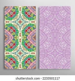 Vertical seamless patterns set, floral geometric lace texture for Wedding, Valentine's day, greeting card or Birthday Invitation. Decorative seamless doodle backgrounds. Ethnic ornament border pattern