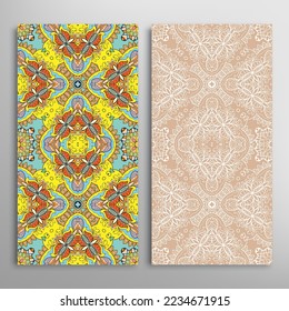 Vertical seamless patterns set, floral geometric lace texture for Wedding, Valentine's day, greeting card or Birthday Invitation. Decorative seamless doodle backgrounds. Ethnic ornament border pattern